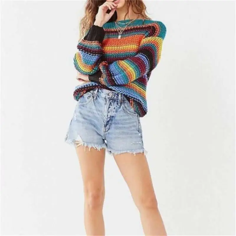 

Lady Color matching Striped Crochet Fashion Retro knitted Sweater Winter casual O neck Long sleeve Women Pullovers#N508
