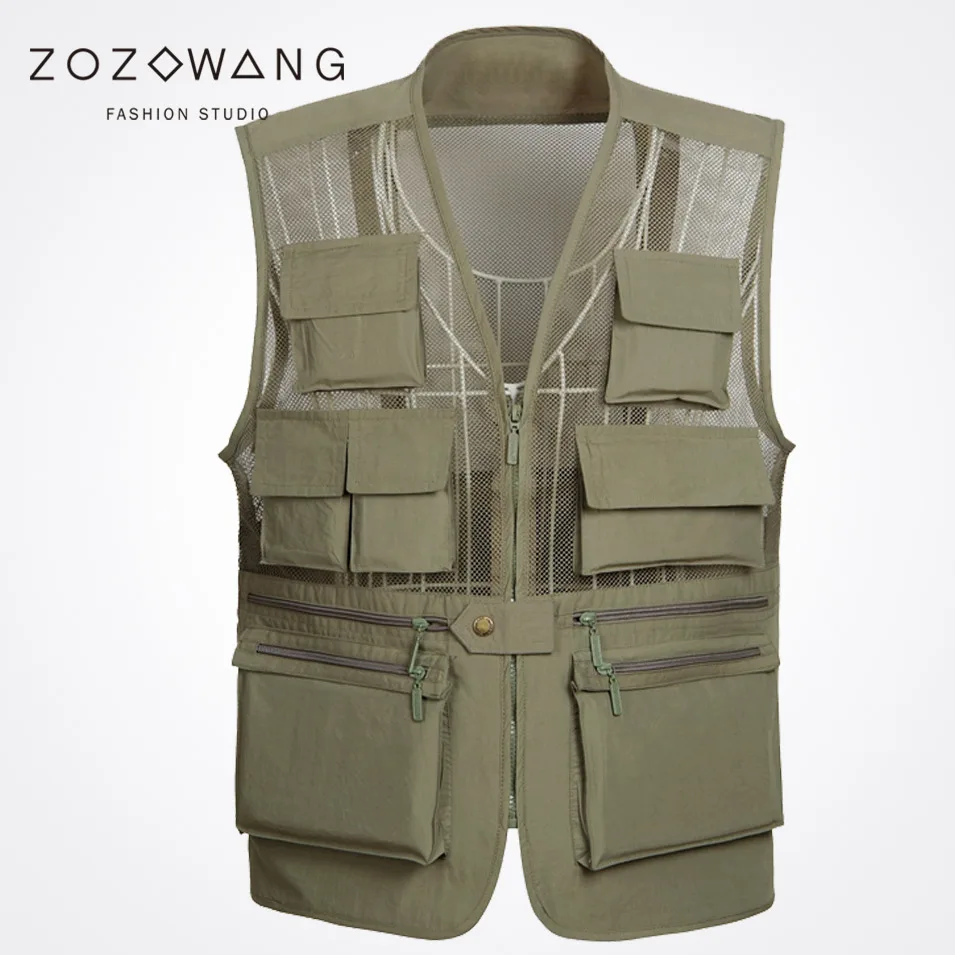Zozowang new spring autumn summer new V-neck zipper mesh fashion Multi-pocket waist men casual plus size M-3XL vest men