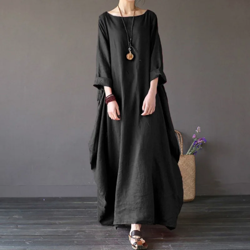 

Linen Maxi Dress long Women Clothing Loose Casual Solid long sleeves oversized Crew Neck Summer Beach Sundress