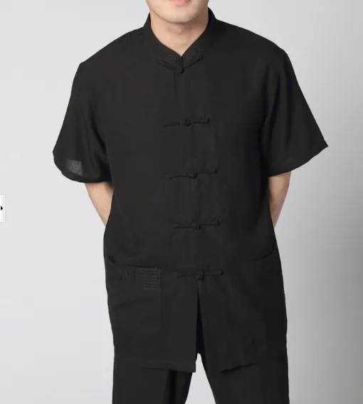 Летняя черная модная обувь в китайском Для Мужчин's льняная рубашка Топ Винтаж кун-фу Тан костюм с коротким рукавом костюм Размеры S M L XL XXL XXXL 2350