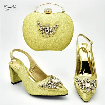 

Popular party sets matching with shoes and purse bag with nice stones set 108-3 in gold, heel height 7cm