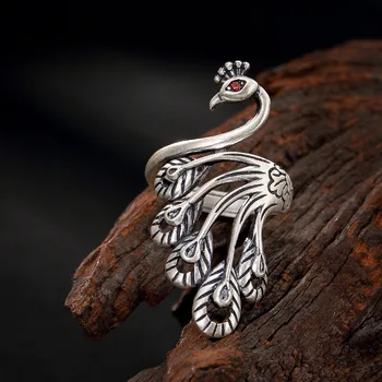 

Pure S990 Sterling Silver Women Rings Retro Ethnic Style Set Red Eye Peacock Open Ring for Women Fine Thai Silver Jewelry