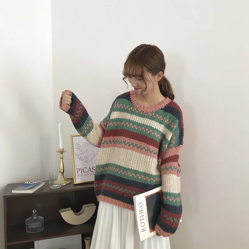 

Autumn Women Loose Sweaters Harajuku O Neck Drop Shoulder Striped Hit Color Flat Knitted Pullover Female Chic Oversized Jumper