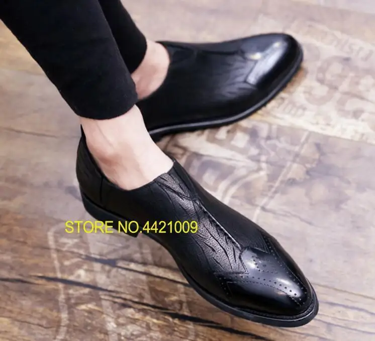 

2018 Genuine leather black dress shoes men slip on casual height increasing shoes med heel summer pointed toes carved brogue