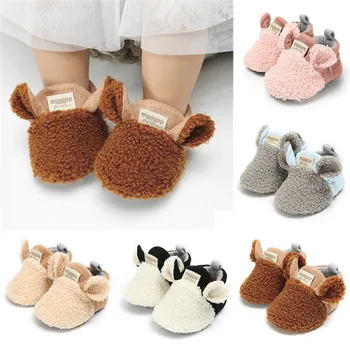 

2019 Winter Newborn Baby Infant Kids Girl Boy Plush Warm Shoes Soft Sole Crib Prewalker First Walkers Pink Gray