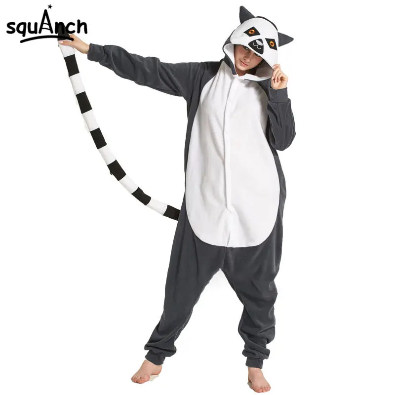 

Animals Lemur Catta Onesie Kigurumi Adult Women Cartoon Madagascar Monkey Pajama Funny Costume Carnival Gray Long Tail Overall