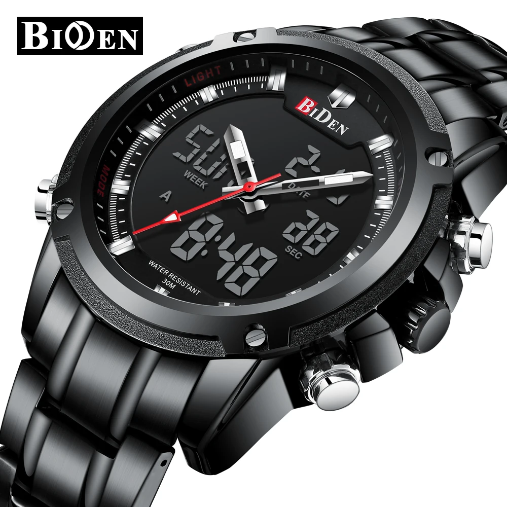 

BIDEN TOP Brand Men Sport Wrist Watches Man Digital Quartz Watch Black Full Steel Waterproof Clock Watch Relogio Masculino