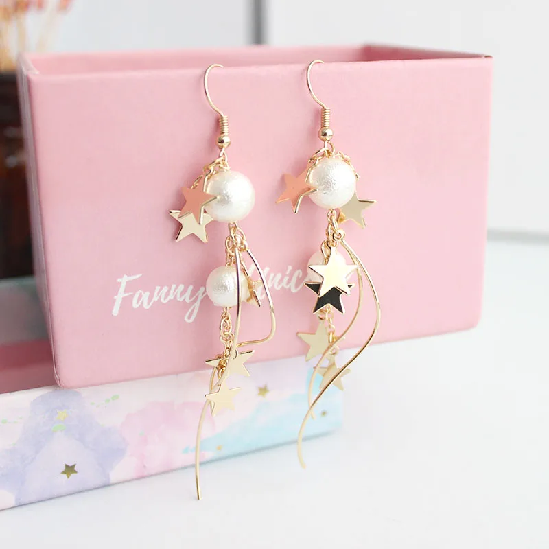 SANSUMMER 2020 New Style Fashionable Five Pointed Star Pearl S Type Long Chain Earrings Temperament Female Accessories 505 | Украшения и