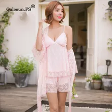 Новое поступление, летняя женская одежда высокого качества из модала с кружевом, три комплекта, сексуальная одежда для сна для леди, принцессы, топ и штаны и комплект пижам 8086