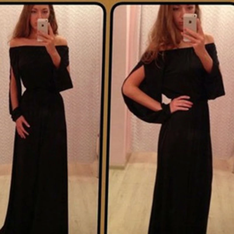 

Fashion slit neckline placketing sleeve length slim chiffon dress sexy strapless dress mopping the floor-length dress vestidos