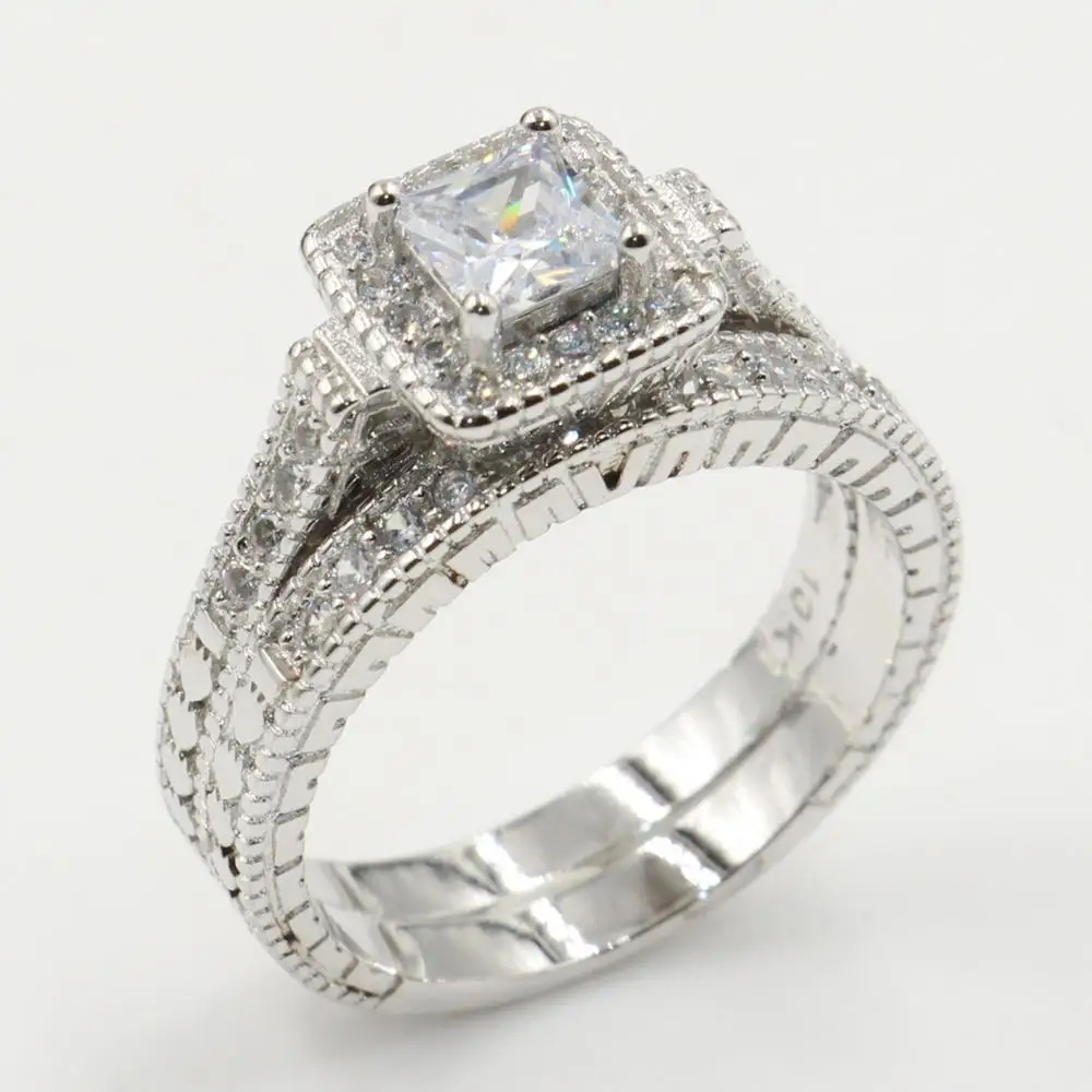 

Rulalei Brand New High Quality Vintage Jewelry Bridal Ring 10KT White Gold Fill Princess Cut White Cubic Zirconia Couple Rings