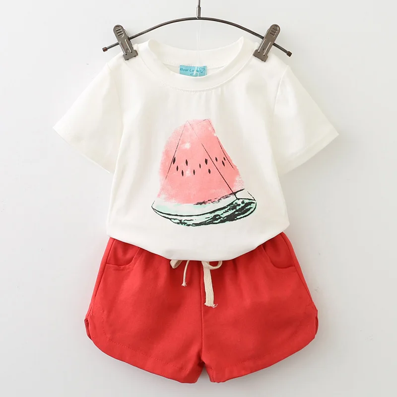 Bear leader/комплекты одежды для девочек, летний брендовый комплект, хлопковая Футболка с арбузом+ хлопковые шорты, комплект из двух предметов для 3-7 лет - Цвет: az305 red