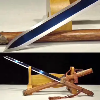 

Chinese LongQuan Fully Hand-made Pear Wood Saya KungFu Sword Sharp Han Tang Battle Jian Full Tang High Carbon Steel Blue Blade