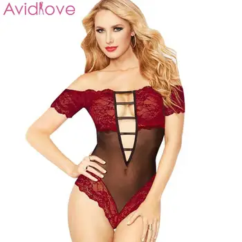 

Women Sexy Lingerie Bodysuit Lace Mesh Patchwork See Through Teddy Babydoll Romper Hollow Out Slash Neck Teddies Porno Sleepwear