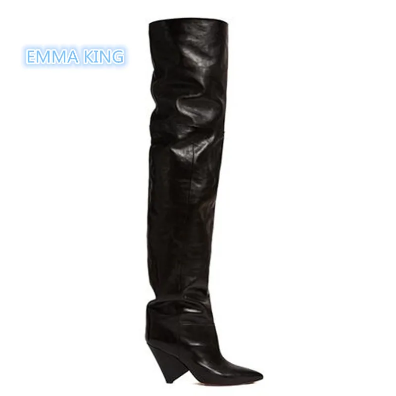 

Black Leather Spike Heels Over The Knee Boots Women Stilettos Pointed Toe Fashion Ladies High Heel Shoes Pleated Sexy Long Boots