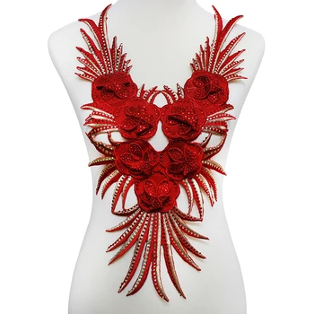 

2piece Red 3D Beaded Rhinestones Lace Collar Embroidered Pattern Lace Applique Iron on Patches Craft Clothes Sewing T2063