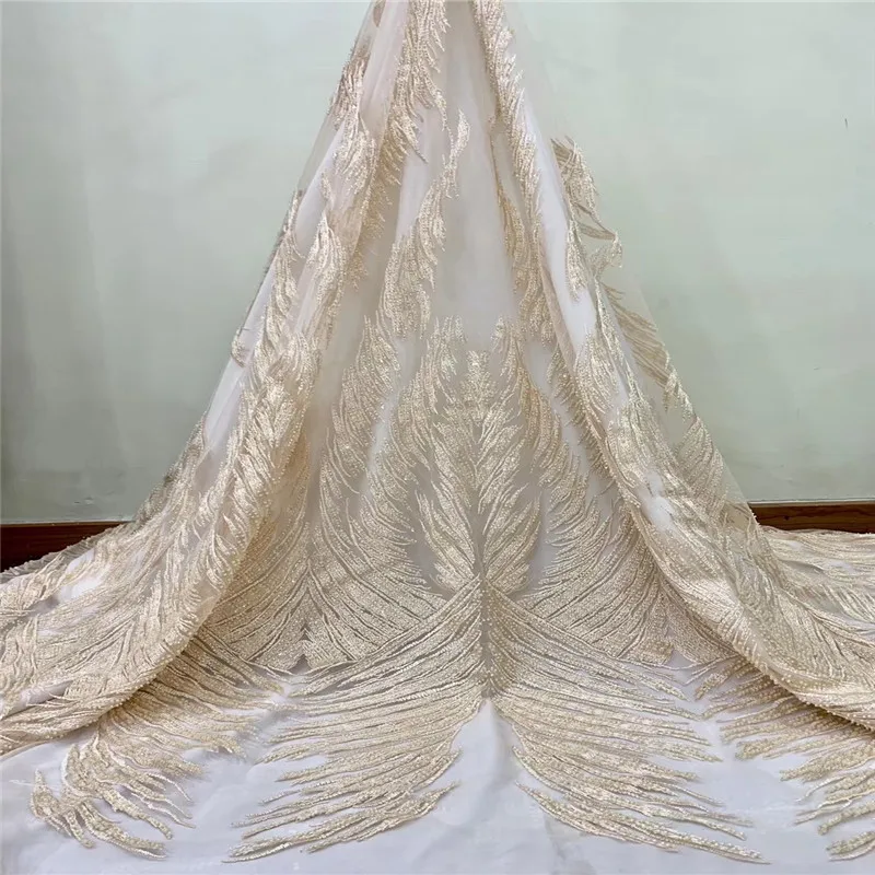 

Madison Champagne Newest Arrival Beautiful French 3D Beaded Lace Fabric Fashion African Nigerian Lace Fabric For Party Dress