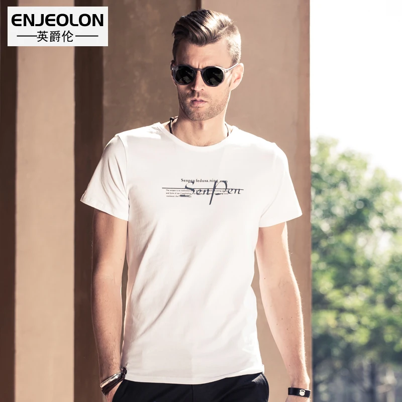 

Enjeolon Summer New O-neck Short sleeve Letter Print t shirt Men Cotton Tee Shirt Black Fashion Casual Men T-shirts T1508