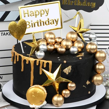 

5 pcs/lot lovely gold ball cake topper birthday cup cake decoration baby shower kids birthday party wedding favor supplies