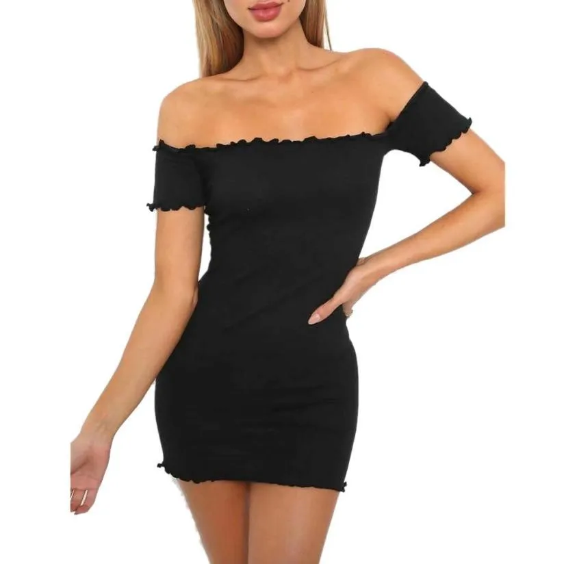 Womens Off Shoulder Mini Dress Ladies Short Sleeve Crimping Party Dress