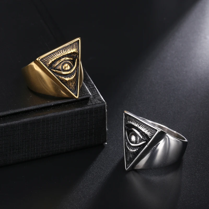

Gold Titanium Stainless Steel Illuminati Pyramid Eye Ring Men Religion Egyptian Pharaoh Triangle Rings Men Jewelry