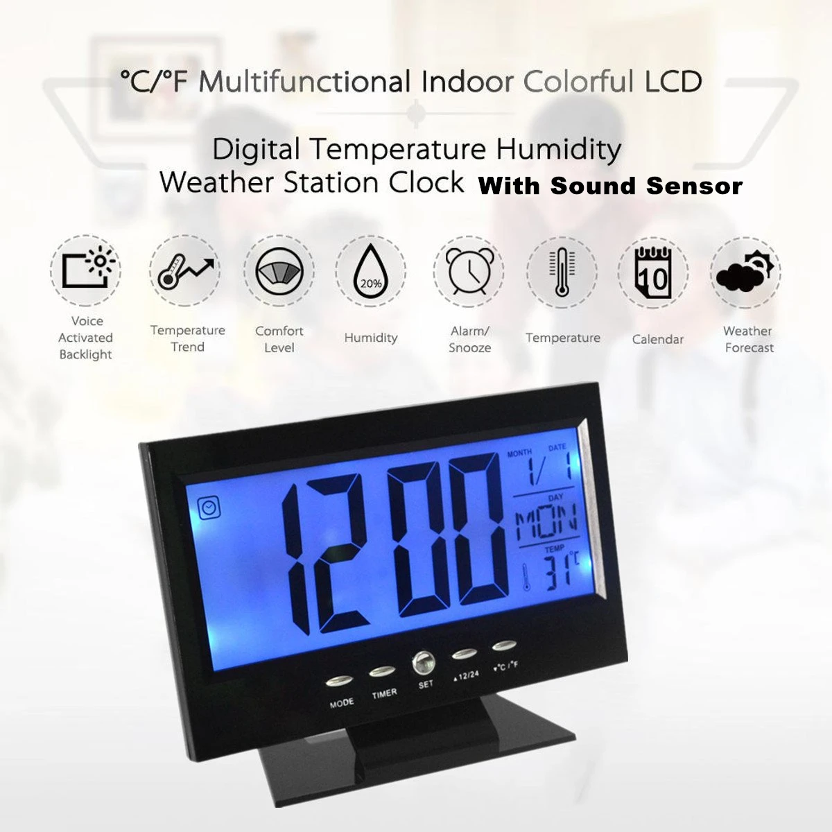 Calendar Temperature Alarm Black Sound Sensor Light Up LCD Digital Table Clock 