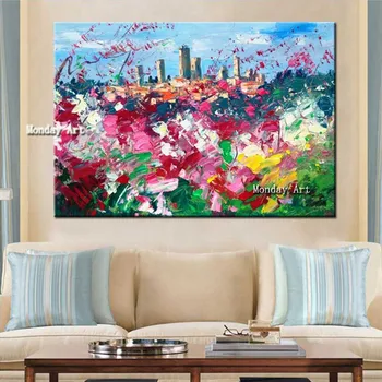 

high quality Large 100% hand-painted modern Garden City oil painting on canvas wall art wall picture for living room decoration