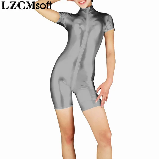 LZCMsoft, женские короткие рукава, штаны, передняя ластовица, молния, спандекс, металлик, высокая горловина, бикетарды, черные, Боди для танцев - Цвет: Gray