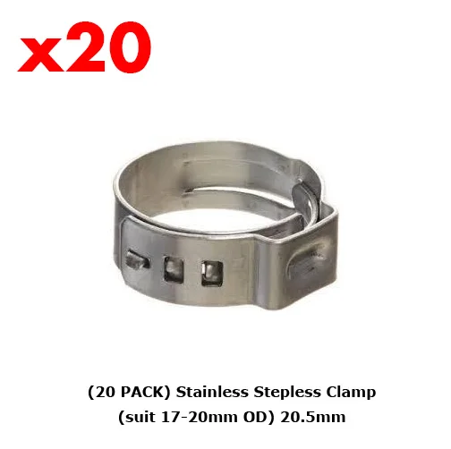 

(20 PACK) STAINLESS STEPLESS CLAMP (SUIT 17-20MM OD) 20.5MM