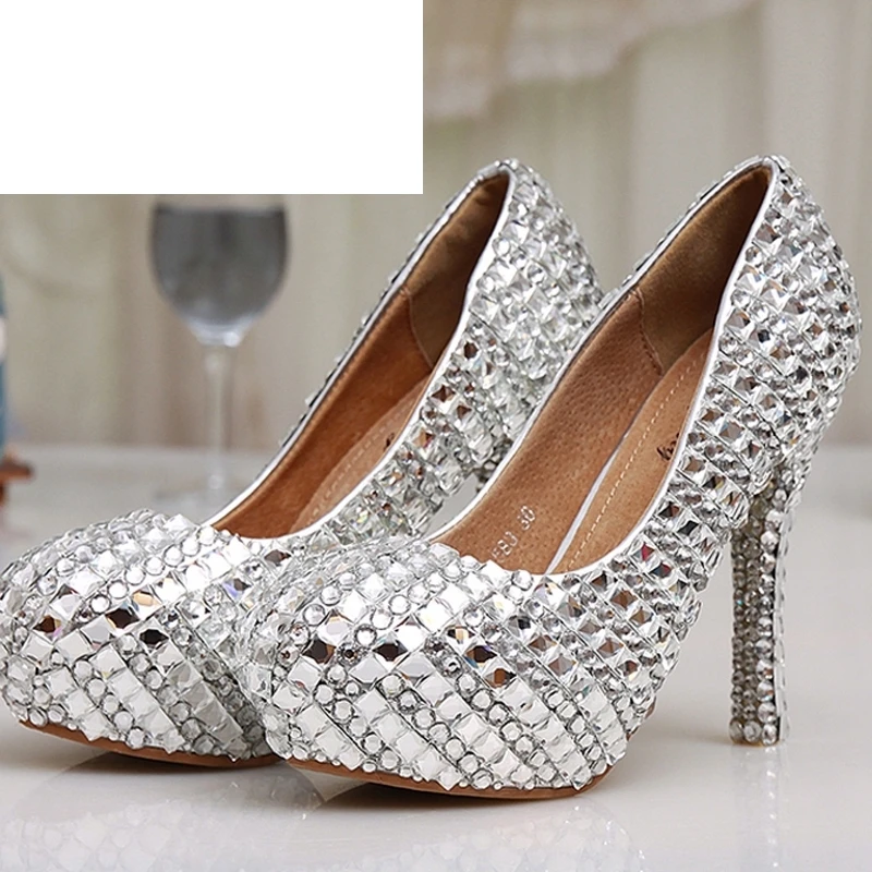 Cristal Femmes Bijoux De Diamant Cendrillon 12 Heels formes Silver À Mariage Hauts 8cm Pompes silver Heels Mariée Glitter Bal Talons Plates Ornée Chaussures Soirée Argent 14cm 12cm Cm w78I7qxr