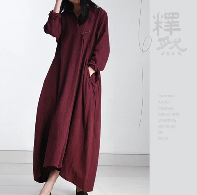 

2019 Spring Autumn and Winter One-piece Dress Fluid Linen Long-sleeve Loose Plus Size Dull Fress Women Casual Dress Mori N294