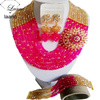 

Laanc Gold AB and Fuchsia Pink Crystal African Beads Necklace Jewelry Set for Women Nigerian Wedding C10SZ067