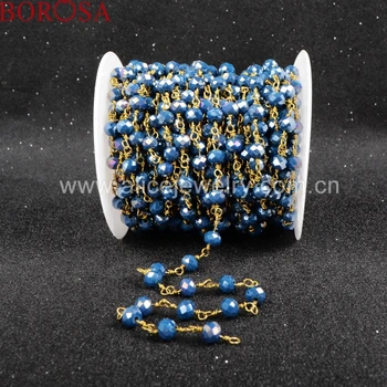 

BOROSA Rosary chain Ink blue Natural Stone crystal Quartz faceted Beaded Gold Plated Silver Color or brass chain necklace JT033