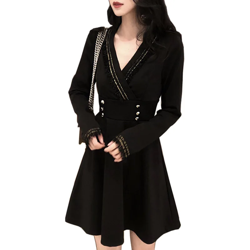 

2019 spring New Fashion Elegant Stitching tassel dress Women V- Neck Casual loose long sleeves Female M-4XL cc591