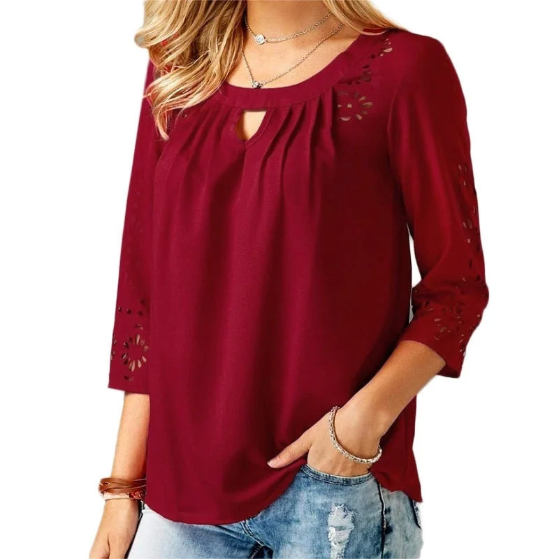

Tops Sexy V-neck Hollow out Ladies Fashion Solid Color Loose Pleated shirts Pullover Chiffon Women Casual 3/4 Sleeve Blouse2