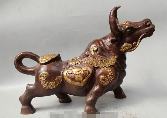 

wholesale factory 20" Chinese Bronze Zodiac Year Bull Oxen Coin Wealth strong Money Ru Yi Statue