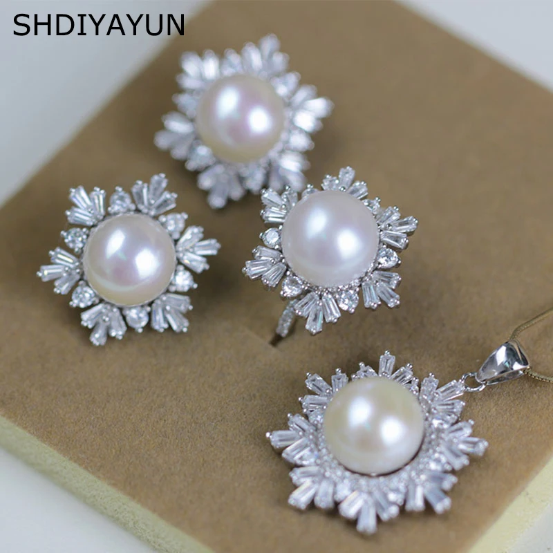 

SHDIYAYUN 2019 Fine Pearl Jewelry Set Natural Pearls Snowflake 925 Sterling Silver Set Necklace Earrings Pendant Ring For Women
