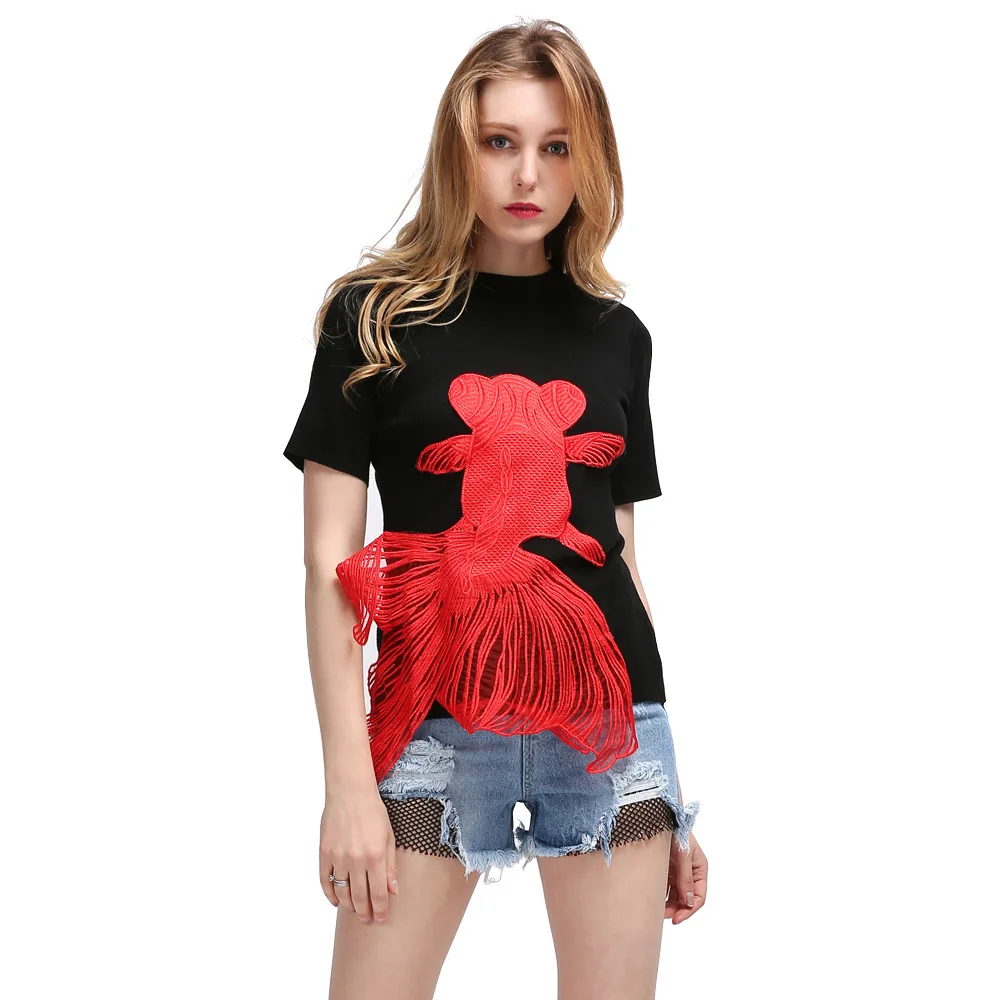 

2019 Spring Fashion Goldfish Embroidered Cloth Ice Silk T-shirt Round Collar Jacket Knitted Short-sleeved Black T-shirt Women
