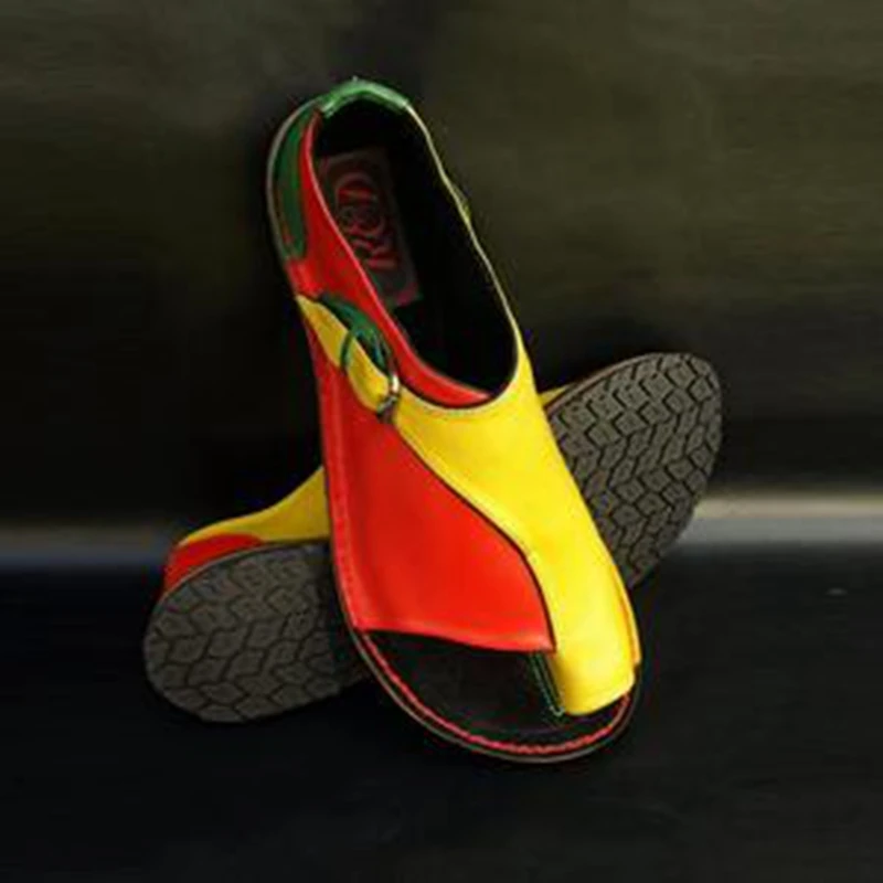

Puimentiua New Women PU Leather Sandals Comfy Plat Flat Shoes Sole Casual Soft Big Toe Foot Sandals Color Patchwork Retro Shoes
