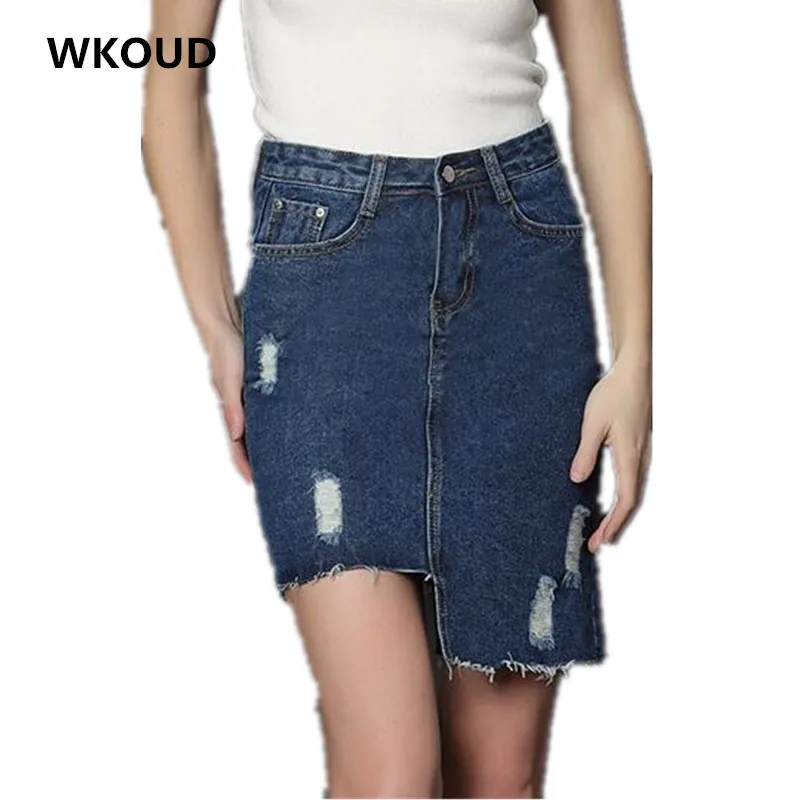 Wkoud 2018 неравномерность отверстие джинсовая юбка Для женщин модные однотонные Юбки для женщин повседневные джинсы Новый кисточкой линии