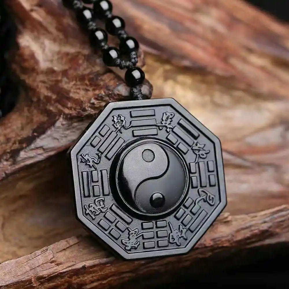 100% натуральный черный обсидиана резной китайский амулет BaGua кулон + ожерелье