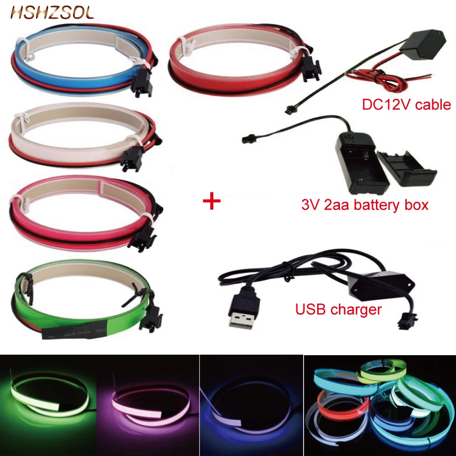 

2aa 3V battery 5V USB or dc12v 5color Neon Light Glow EL Wire Rope tape Cable Strip LED cold Light Cap Car decorate ribbon lamp