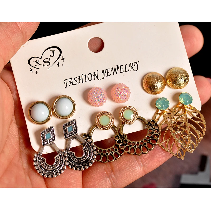 

New fashion women's jewelry wholesale girl pearl studs beautiful Bohemian style mix 6 pairs /set earrings gift agent shipping