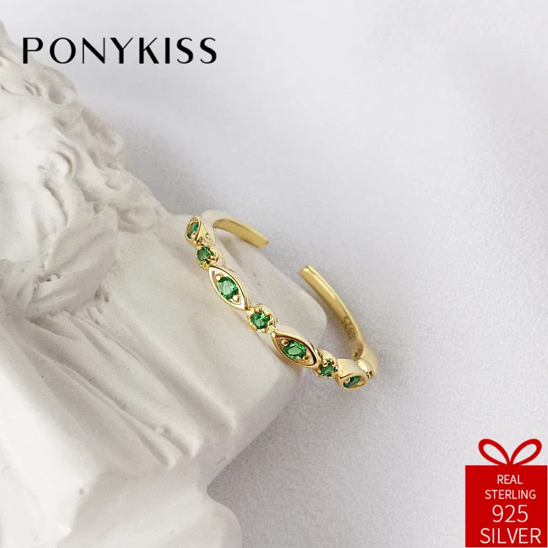 

PONYKISS Trendy S925 Sterling Silver Chic Green Zircon Crown Adjustable Opening Chain Weaving Ring Women Party Fine Jewelry Gift