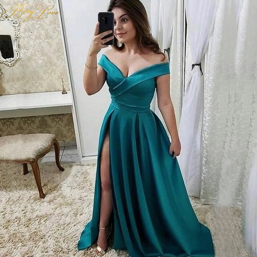 

BeryLove Peacock Simple Evening Dress 2019 Silk Satin Flowing Down V neck Off Shoulder High Slit Long Formal Prom Robe De Soire