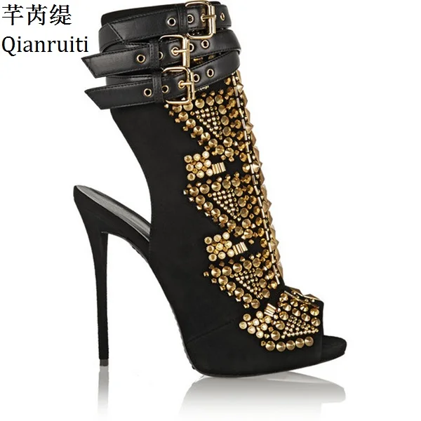 Qianruiti Gold Studded Rivets Women Platform Shoes Peep Toe Buckle Strap Women Pumps Summer High Heels Women Gladiator Shoes