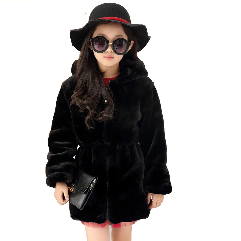Girls Faux Fur Coat Winter Long Sleeve Hooded Warm Jacket Imitation Rabbit For Kids 8-13 Years Soft Outwear | Детская одежда и