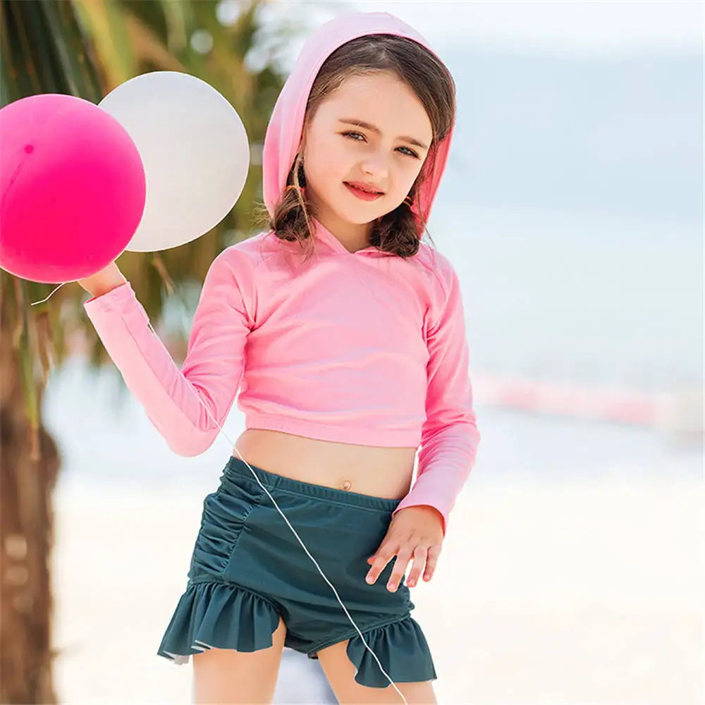 Long Sleeve Swimsuit For Girls Solid Children Swimwear Child Hat Two Piece Swim Suit Kids Ruffle