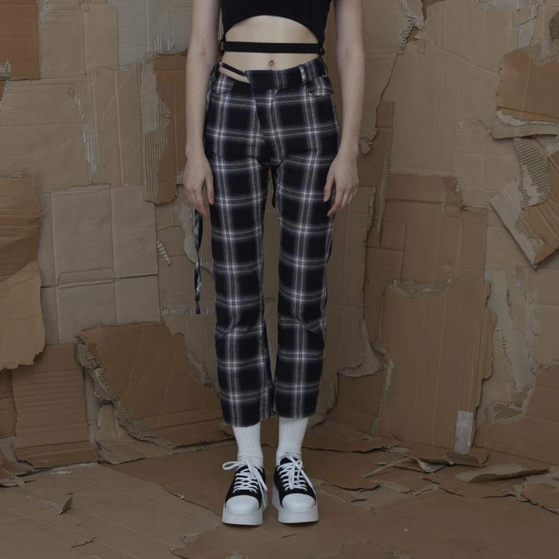 

Korean Fashion 2018 Spring New Women Vintage Plaid Pants Cotton Lace Up Design Female Ankle-length Pants Trouser Capris