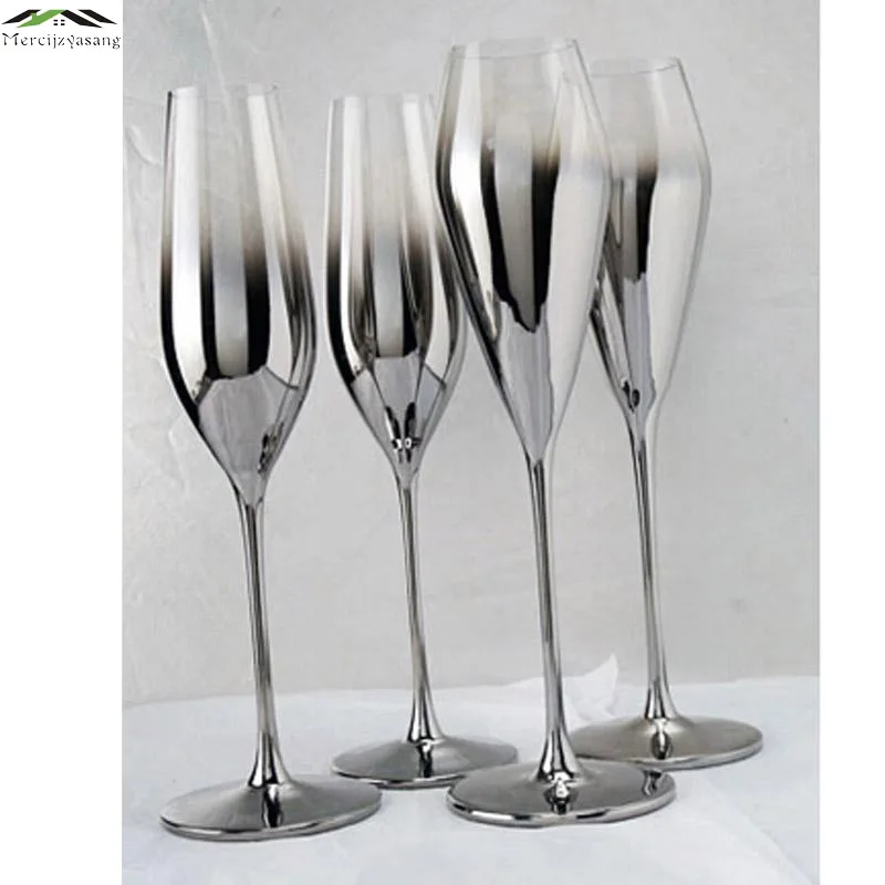 New Gloss Silver finish metal champagne flutes Crystal for wedding